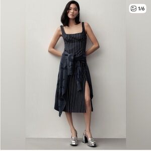 Anthropologie Navy Pinstripe Square-Neck Midi Dress